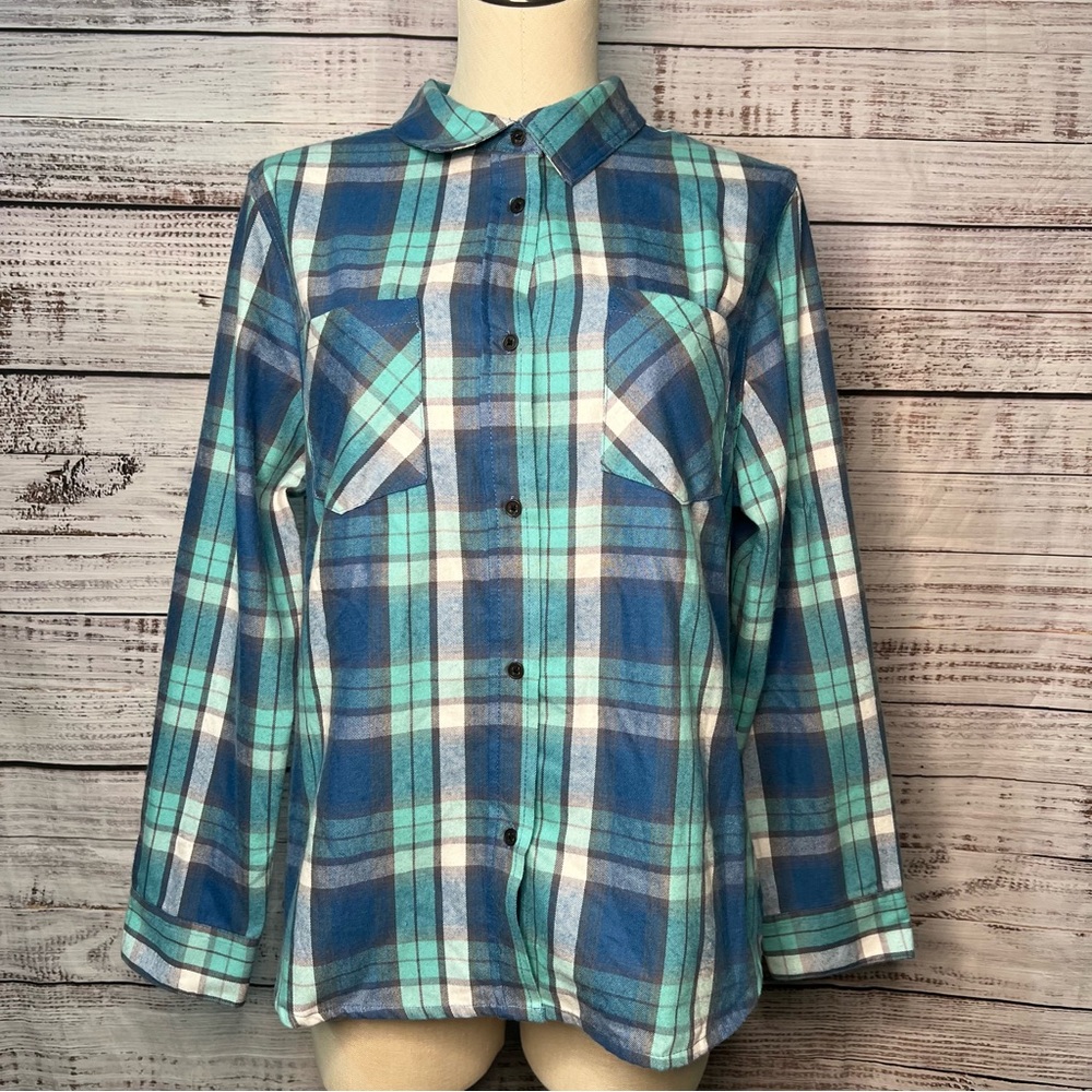 44 Degrees‎ North Large Flannel Blue Teal Button Down Long Sleeve NEW